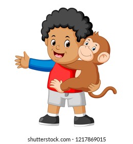 vector illustration of a little boy holding a funny monkey