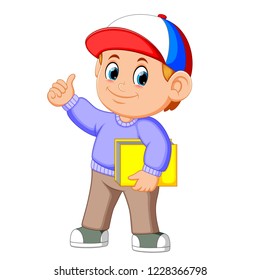 vector illustration of Little boy holding a large book