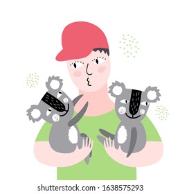 vector illustration of a little boy holding koala