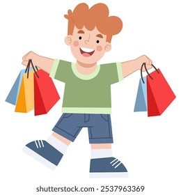 Ilustração vetorial de garotinho segurando sacos de compras