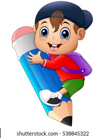 Vector illustration of Little boy holding large pencil