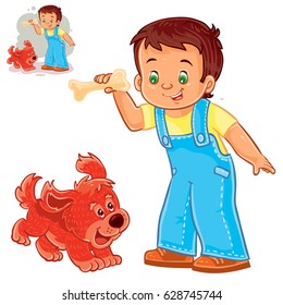 Vector illustration of a little boy holding a bone in his hand and playing with his puppy. Print