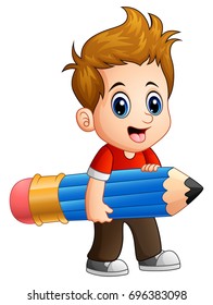 Vector illustration of Little boy holding a big pencil