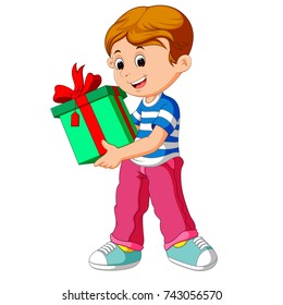 vector illustration of Little boy holding a gift box
