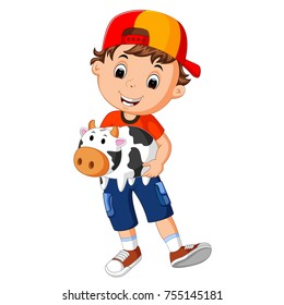 vector illustration of little boy holding cow bank