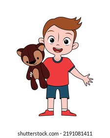 Vector illustration.  little boy holds a teddy bear in his hands. the child smiles and shows the toy.