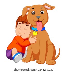 vector illustration of A little boy hugging his dog