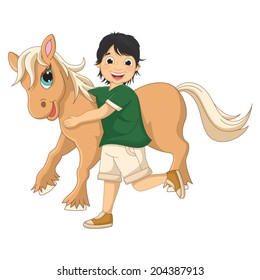 Vector Illustration Of A Little Boy Hugging Pony