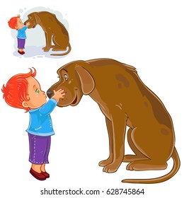 Vector illustration of a little boy hugging head and kissing his dog's nose. Print