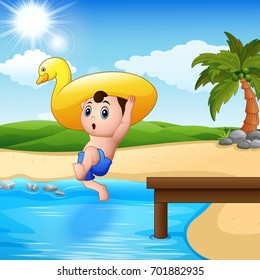 Vector illustration of Little boy jumping in a water with inflatable duck
