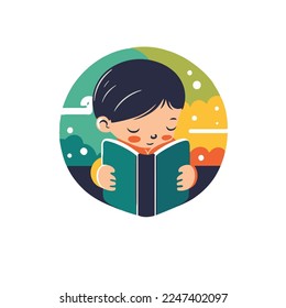 vector illustration little boy kid reading book logo icon in flat vector design for poster banner card design template