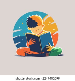 Vektorgrafik kleiner Junge, der das Buch-Logo-Symbol in flacher Vektorgrafik liest, Design-Vorlage für Poster-Banner-Karten