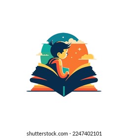 vector illustration little boy kid reading book logo icon in flat vector design for poster banner card design template