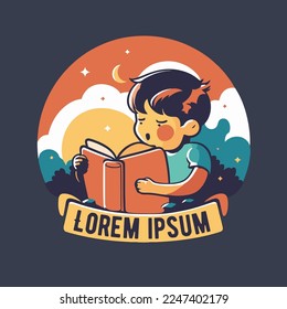 vector illustration little boy kid reading book logo icon in flat vector design for poster banner card design template