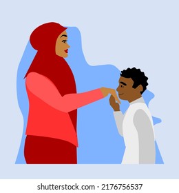 Vector illustration of a little boy kissing his mother's hand, asking for blessing or doing "salim" tradition from Indonesia.