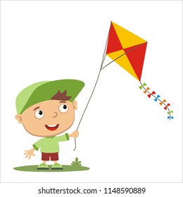 Vector illustration of little boy with kite isolated on white background