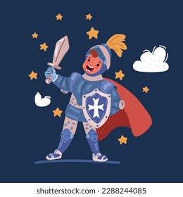 Сartoon vector illustration of The little boy is knight he holding sword and shield over dark backround