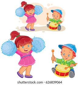 Vector illustration of a little boy knocking out a shot on the drum while a cheerful girl is dancing with pom-poms, a brother and sister are playing together. Print