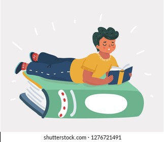 Vector illustration of little boy laying on giant reading book. Human character on white background.