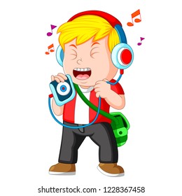 vector illustration of Little boy listening to music and singing