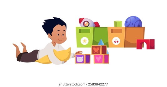 Vector illustration of little boy lying on floor with pillow and playing with cubes. Kindergarten classroom with toy storage boxes and character. Education. Flat style. Isolated background.