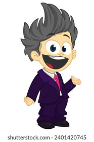 Vector illustration of a little boy in man's clothes. 
Cartoon of a young kid dressed up in a mans business suit presenting