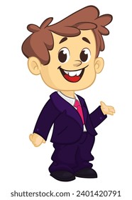 Vector illustration of a little boy in man's clothes. 
Cartoon of a young kid dressed up in a mans business suit presenting