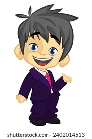 Vector illustration of a little boy in man's clothes. 
Cartoon of a young kid dressed up in a mans business suit presenting