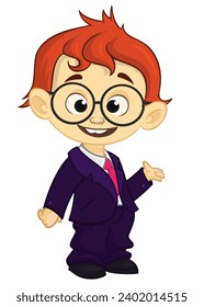 Vector illustration of a little boy in man's clothes. 
Cartoon of a young kid dressed up in a mans business suit presenting