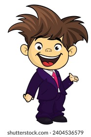 Vector illustration of a little boy in man's clothes. 
Cartoon of a young kid dressed up in a mans business suit presenting