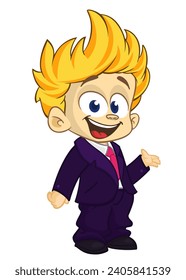 Vector illustration of a little boy in man's clothes. 
Cartoon of a young kid dressed up in a mans business suit presenting