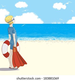 Vector illustration of a little boy in old fashioned bathing suit with  flippers and lifebuoy standing on the beach