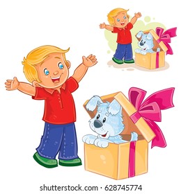 Vector illustration of a little boy opened a gift box and saw a puppy sitting there. Print