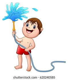 Vector illustration of Little boy playing with the water hose