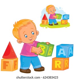 Vector illustration little boy playing with blocks. 