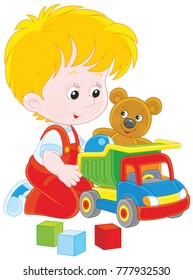 Vector illustration of a little boy playing with a toy truck, a teddy bear and cubes