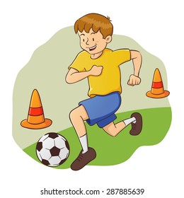 Vector illustration of little boy practice soccer
