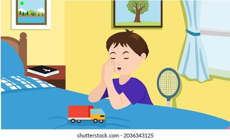 A vector illustration little boy praying in his room.