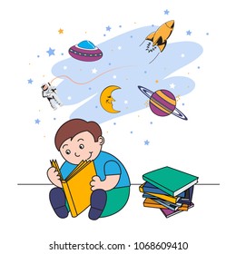 vector illustration of a little boy reading a book and dreaming of flying in space,cartoon design 
