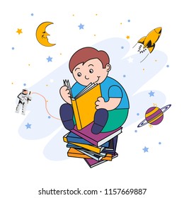 vector illustration of a little boy reading a book and dreaming of flying in space,cartoon design
