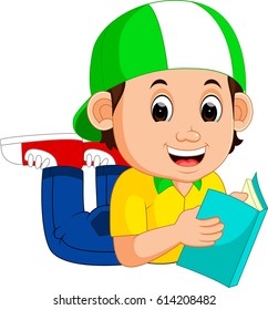 vector illustration of Little boy reading a book