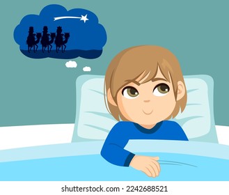 Vector illustration of little boy ready to go to sleep the night before Three Wise Kings holiday. Christian tradition of Magi Kings