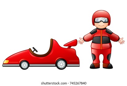 Vector illustration of Little boy with a red racing car