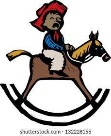 Vector illustration of little boy riding rocking horse and crying