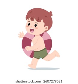 A vector illustration of a little boy runs with a swim ring, ready for summer fun. Ideal for conveying the joy and excitement of childhood summer activities.