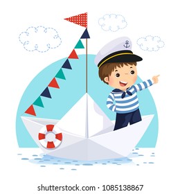 Vector illustration of little boy in sailor costume standing in a paper boat