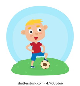 Vector illustration of little boy in shirt and short playing football. Cute cartoon kid kicking soccer ball on grass. Pretty football player. Happy child.