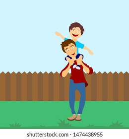Vector illustration of a little boy sitting on his daddy's shoulder on nature background. Template  or greeting card for Happy Father's Day.
