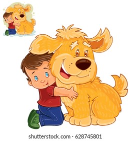 Vector Illustration Of A Little Boy Sitting On His Lap Next To A Big Dog And Hugging His Hands. Print