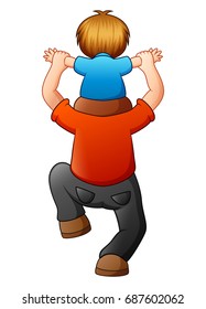 Vector illustration of Little boy sitting on his father shoulders